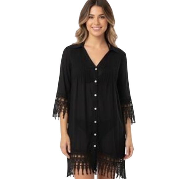 swimsuitsforall Women's Plus Size Crochet Trim Cover Up Black Size Large - Picture 3 of 13